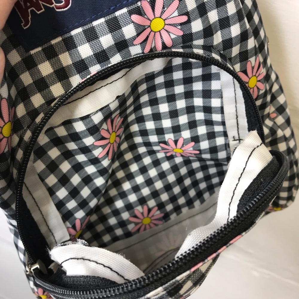Jansport Mini Half Pint Floral Daisy Print Gingham Black White Backpack Bag - Picture 7 of 8